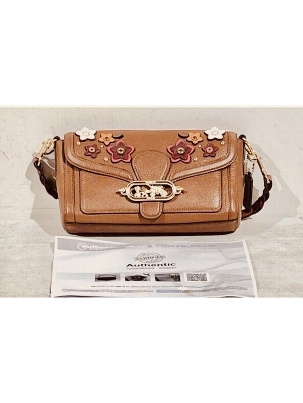 Authentic Coach Signature Jade Brown Shoulder Bag W/Daisy Applique With COA